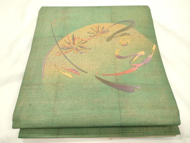 平和屋着物●太鼓柄袋帯　紬地　刺繍　草花文　金彩　正絹　逸品　CABK8604dy　