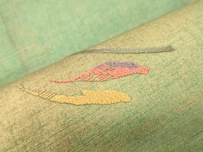 平和屋着物●太鼓柄袋帯　紬地　刺繍　草花文　金彩　正絹　逸品　CABK8604dy　