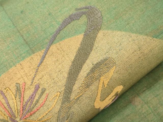 平和屋着物●太鼓柄袋帯　紬地　刺繍　草花文　金彩　正絹　逸品　CABK8604dy　