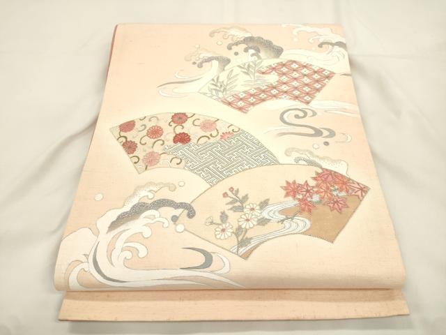 平和屋着物●中国三大刺繍　相良刺繍　総刺繍　太鼓柄袋帯　紬地　立波地紙草花文　正絹　逸品　CABK8605dy