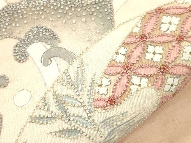 平和屋着物●中国三大刺繍　相良刺繍　総刺繍　太鼓柄袋帯　紬地　立波地紙草花文　正絹　逸品　CABK8605dy