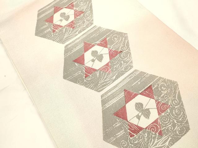 平和屋着物●染色作家　小溝一夫　太鼓柄袋帯　流水幾何学舞葉文　金通し地　正絹　逸品　CABK8622dy