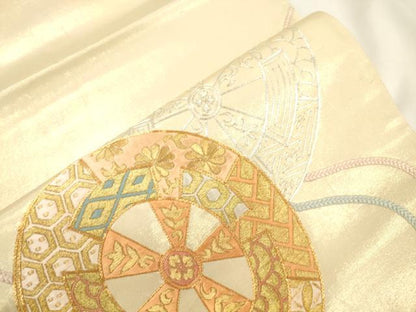 平和屋着物●西陣　川島織物　太鼓柄袋帯　総刺繍　駒刺繍　片輪車花文　金銀糸　正絹　逸品　CABK8628dy