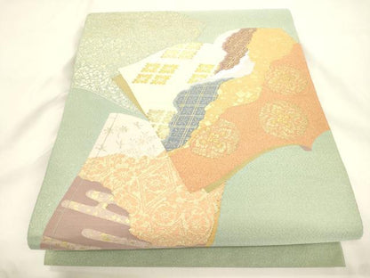 平和屋着物●爪掻き本綴れ　太鼓柄袋帯　冊子草花文　金糸　正絹　逸品　CABK8630dy