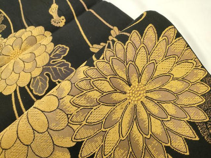 平和屋着物●六通柄袋帯　草花文　黒地　金銀糸　正絹　逸品　CABK8632dy