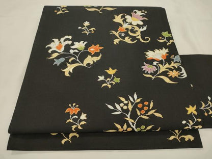 平和屋着物●九寸名古屋帯　草花文　黒地　金銀糸　正絹　逸品　CABK8642dy