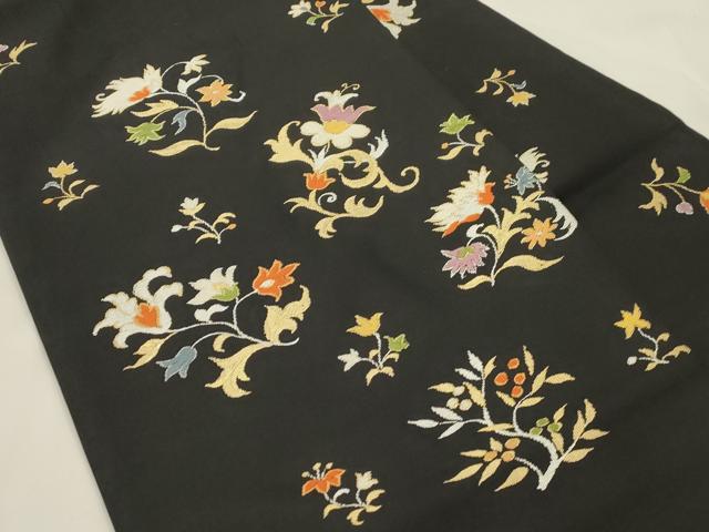 平和屋着物●九寸名古屋帯　草花文　黒地　金銀糸　正絹　逸品　CABK8642dy