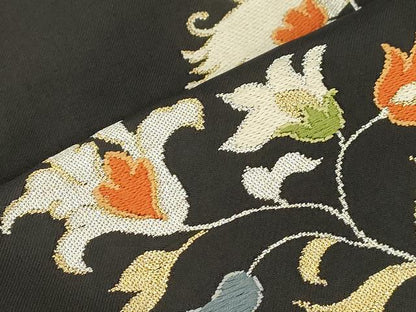 平和屋着物●九寸名古屋帯　草花文　黒地　金銀糸　正絹　逸品　CABK8642dy