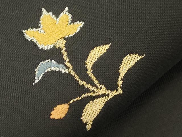 平和屋着物●九寸名古屋帯　草花文　黒地　金銀糸　正絹　逸品　CABK8642dy