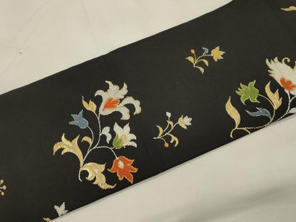 平和屋着物●九寸名古屋帯　草花文　黒地　金銀糸　正絹　逸品　CABK8642dy