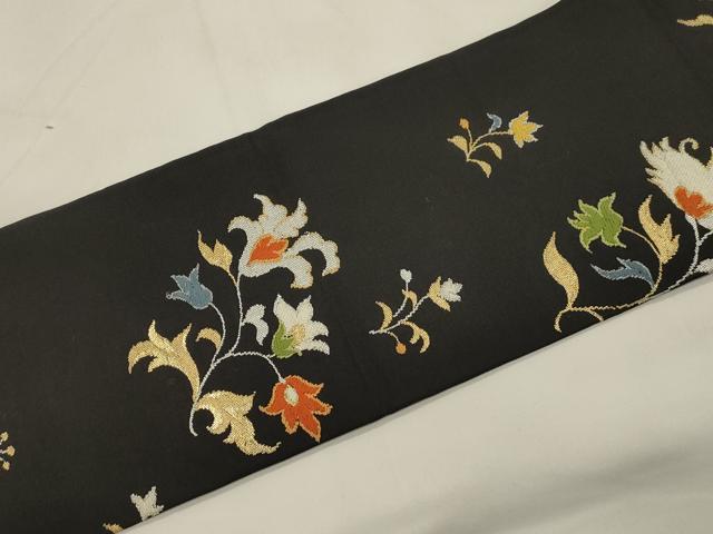 平和屋着物●九寸名古屋帯　草花文　黒地　金銀糸　正絹　逸品　CABK8642dy