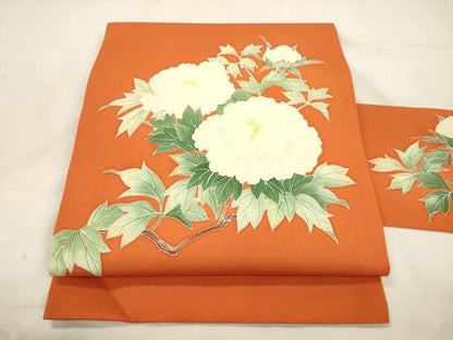 平和屋着物●塩瀬　九寸名古屋帯　手描き　草花文　正絹　逸品　CABK8647dy