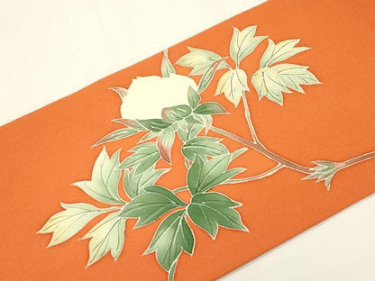 平和屋着物●塩瀬　九寸名古屋帯　手描き　草花文　正絹　逸品　CABK8647dy