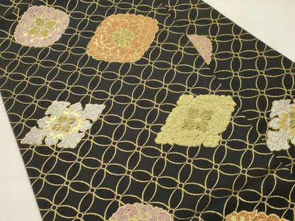 平和屋着物●九寸名古屋帯　七宝菱文　黒地　金糸　正絹　逸品　CABK8648dy