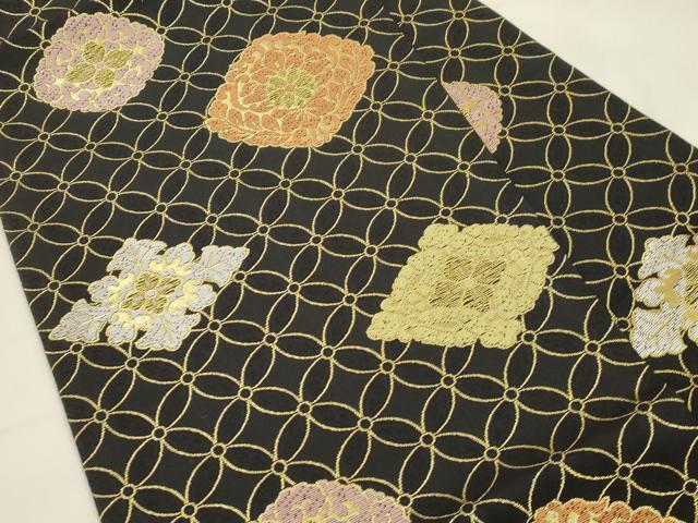 平和屋着物●九寸名古屋帯　七宝菱文　黒地　金糸　正絹　逸品　CABK8648dy