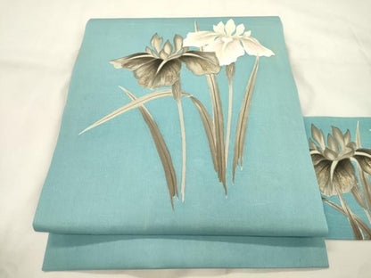 平和屋着物●塩瀬　九寸名古屋帯　手描き　草花文　金彩　正絹　逸品　CABK8651dy