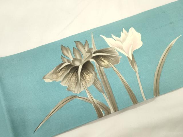 平和屋着物●塩瀬　九寸名古屋帯　手描き　草花文　金彩　正絹　逸品　CABK8651dy