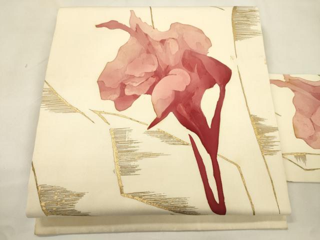 平和屋着物●塩瀬　九寸名古屋帯　ろうけつ染め　幾何学花文　金彩　正絹　逸品　CABK8652dy