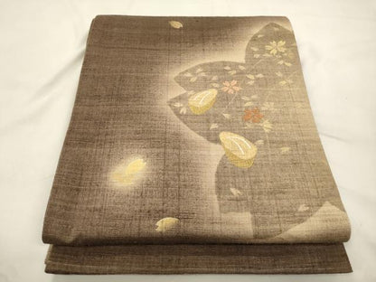 平和屋着物●インド・アッサム　野蚕糸　手織　ムガシルク　太鼓柄袋帯　竹屋町刺繍　下駄　舞桜文　金糸　正絹　逸品　CABK8661dy