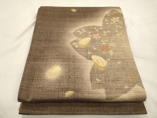 平和屋着物●インド・アッサム　野蚕糸　手織　ムガシルク　太鼓柄袋帯　竹屋町刺繍　下駄　舞桜文　金糸　正絹　逸品　CABK8661dy