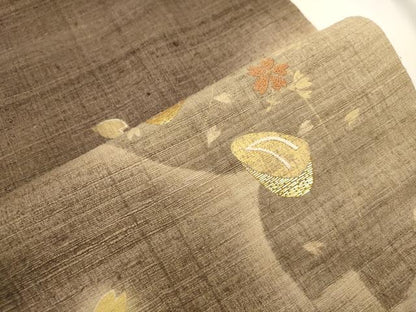 平和屋着物●インド・アッサム　野蚕糸　手織　ムガシルク　太鼓柄袋帯　竹屋町刺繍　下駄　舞桜文　金糸　正絹　逸品　CABK8661dy
