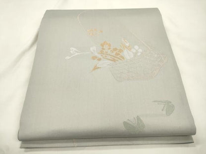 平和屋着物●世界的人形師　辻村寿三郎　ジュサブロー　六通柄袋帯　舞蝶花籠文　金糸　正絹　逸品　CABK8664dy