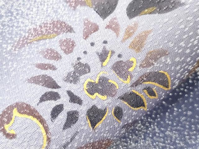 平和屋着物●京都印象派 友禅作家　橋本恵　太鼓柄袋帯　草花文　銀通し地　正絹　逸品　CABK8682dy