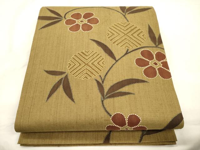 平和屋着物●六通柄袋帯　刺し子　紬地　草花文　正絹　逸品　CABK8686dy