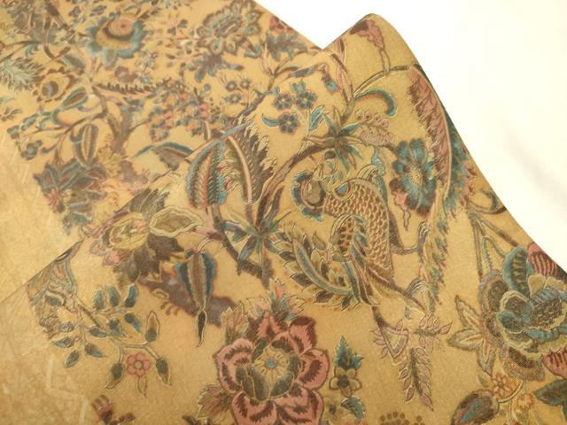平和屋着物●都喜ヱ門　本場大島紬　全通柄袋帯　羽風　更紗花鳥文　金彩　証紙付き　藤絹織物謹製　正絹　逸品　CABK8687dy