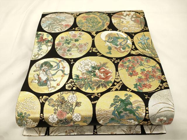 平和屋着物●六通柄袋帯　唐織　風神雷神　黒地　金銀糸　正絹　逸品　CABK8688dy