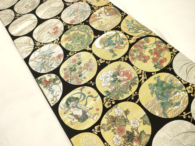 平和屋着物●六通柄袋帯　唐織　風神雷神　黒地　金銀糸　正絹　逸品　CABK8688dy