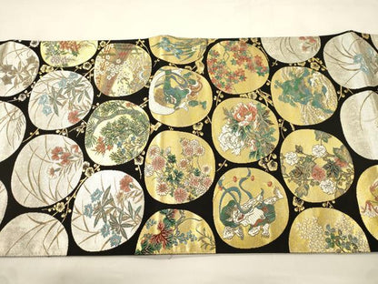 平和屋着物●六通柄袋帯　唐織　風神雷神　黒地　金銀糸　正絹　逸品　CABK8688dy