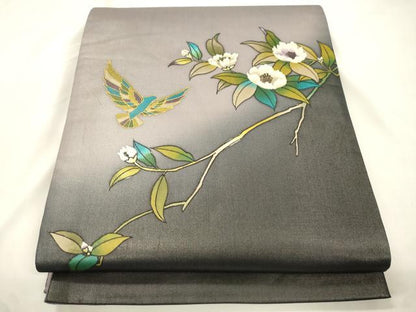 平和屋着物●染色作家　斉藤三才　太鼓柄袋帯　花鳥文　金彩　正絹　逸品　CABK8691dy