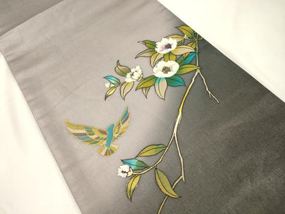 平和屋着物●染色作家　斉藤三才　太鼓柄袋帯　花鳥文　金彩　正絹　逸品　CABK8691dy