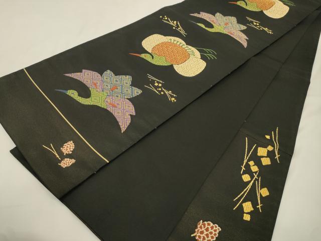 平和屋着物●六通柄袋帯　飛鶴文　黒地　金糸　正絹　逸品　CABK8692dy