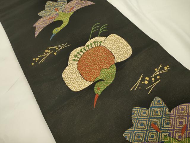 平和屋着物●六通柄袋帯　飛鶴文　黒地　金糸　正絹　逸品　CABK8692dy
