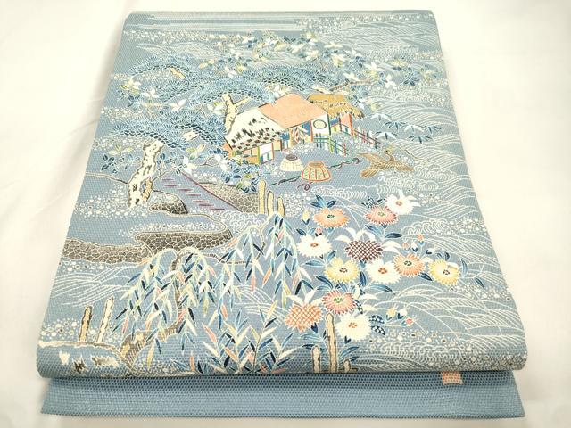 平和屋着物●太鼓柄袋帯　作家物　江戸友禅　風景文　金通し地　正絹　逸品　CABK8693dy