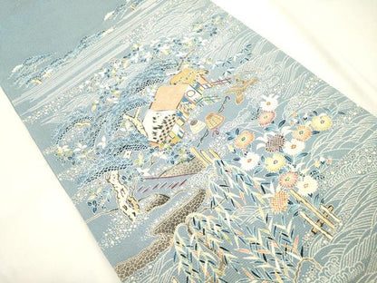 平和屋着物●太鼓柄袋帯　作家物　江戸友禅　風景文　金通し地　正絹　逸品　CABK8693dy