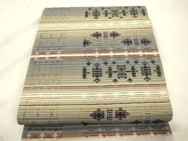 平和屋着物●六通柄袋帯　花織　幾何学文　正絹　逸品　CABK8694dy