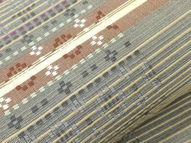 平和屋着物●六通柄袋帯　花織　幾何学文　正絹　逸品　CABK8694dy