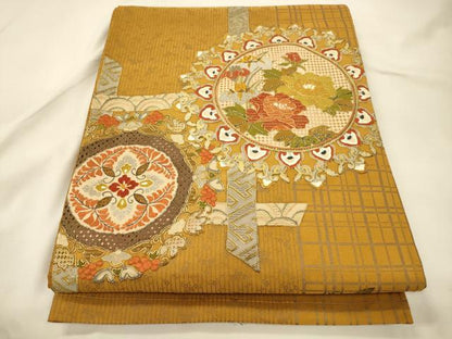 平和屋着物●中国三大刺繍　スワトウ刺繍　相良刺繍　総刺繍　太鼓柄袋帯　草花丸文　金彩　正絹　逸品　CABK8704dy