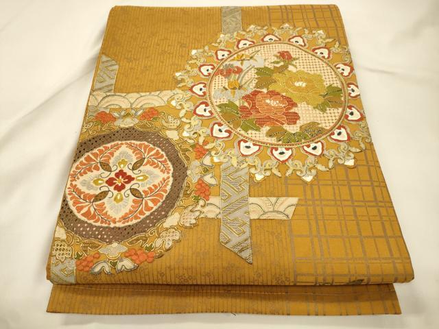 平和屋着物●中国三大刺繍　スワトウ刺繍　相良刺繍　総刺繍　太鼓柄袋帯　草花丸文　金彩　正絹　逸品　CABK8704dy
