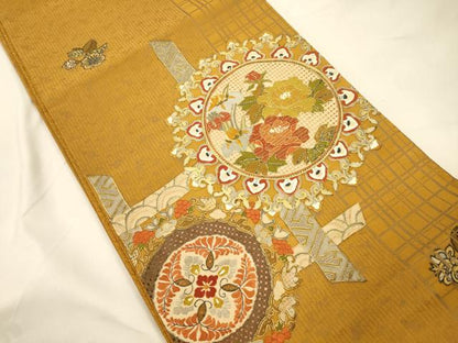平和屋着物●中国三大刺繍　スワトウ刺繍　相良刺繍　総刺繍　太鼓柄袋帯　草花丸文　金彩　正絹　逸品　CABK8704dy