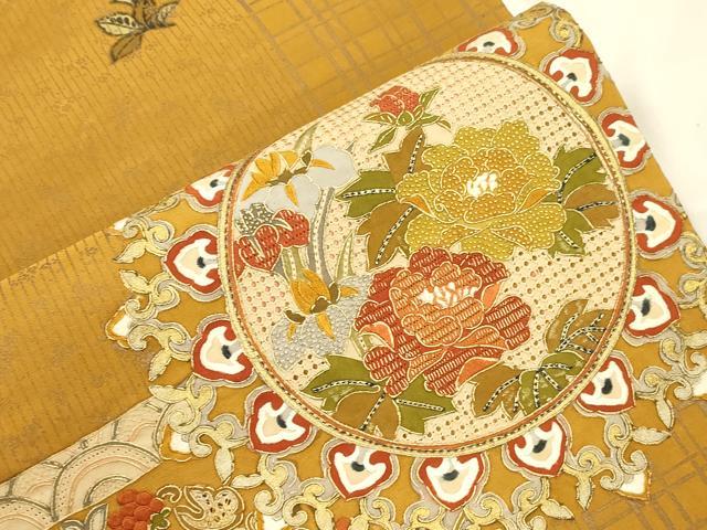 平和屋着物●中国三大刺繍　スワトウ刺繍　相良刺繍　総刺繍　太鼓柄袋帯　草花丸文　金彩　正絹　逸品　CABK8704dy