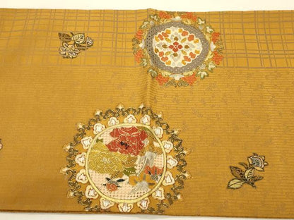 平和屋着物●中国三大刺繍　スワトウ刺繍　相良刺繍　総刺繍　太鼓柄袋帯　草花丸文　金彩　正絹　逸品　CABK8704dy