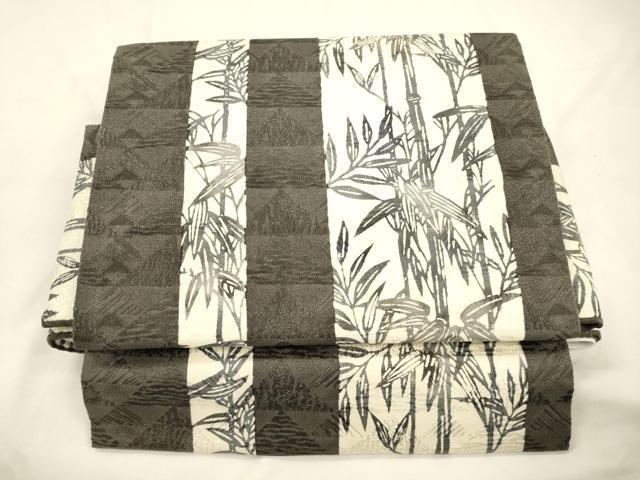 平和屋着物●ワンタッチつけ帯　型染め　笹竹文　銀通し地　正絹　逸品　CABK8711dy