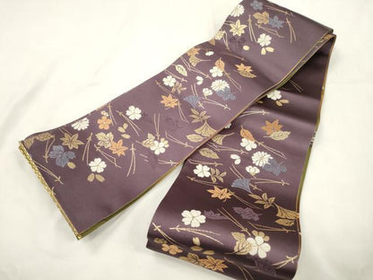 平和屋着物●両面　半幅帯　唐織　草花文　金糸　正絹　逸品　CABK8722dy