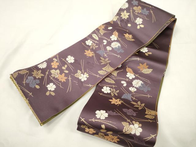 平和屋着物●両面　半幅帯　唐織　草花文　金糸　正絹　逸品　CABK8722dy