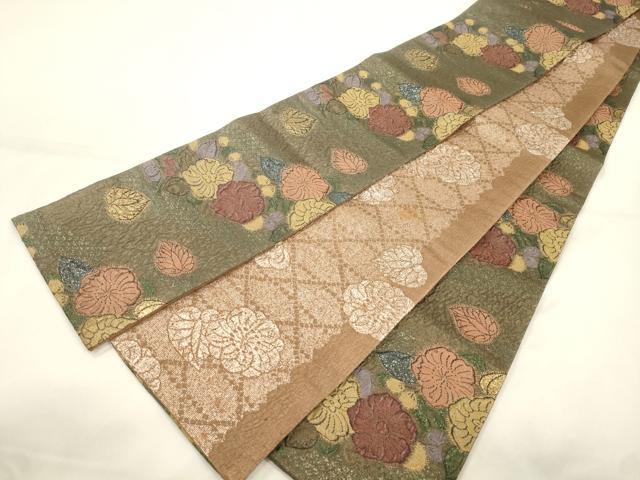 平和屋着物●両面　半幅帯　ふくれ織　辻が花　金糸　正絹　逸品　CABK8732dy