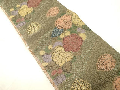 平和屋着物●両面　半幅帯　ふくれ織　辻が花　金糸　正絹　逸品　CABK8732dy